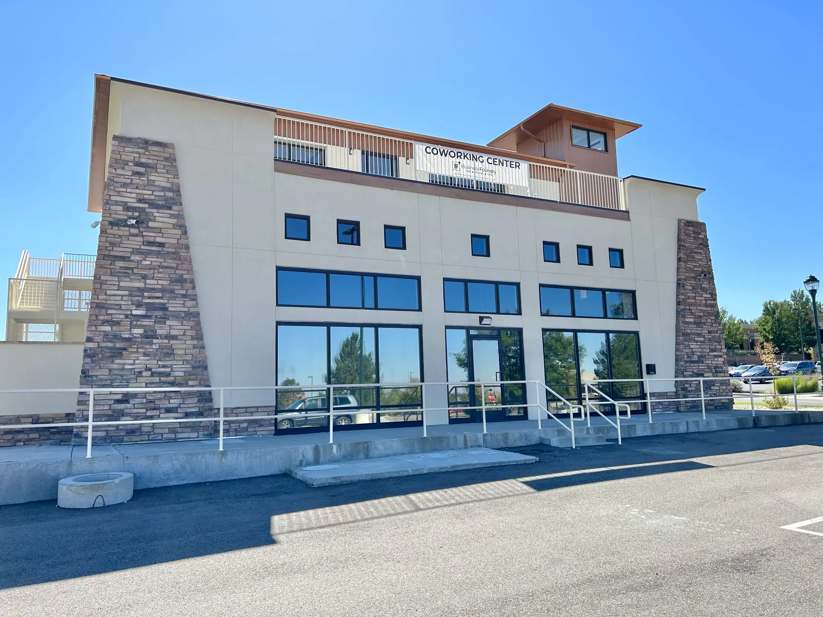 The Business Foundry business campus from the street, Coworking Center lettering above the entrance