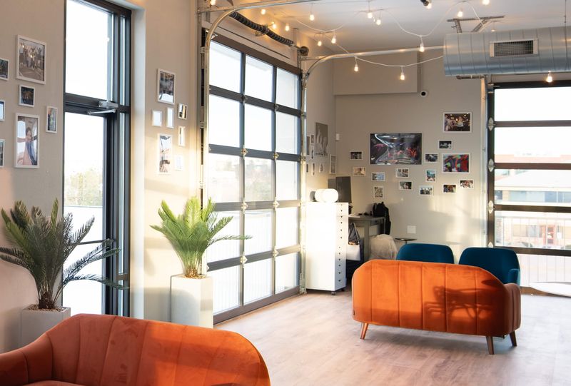 Afternoon light on an orange sofa under string lights, with potted palms by the windows